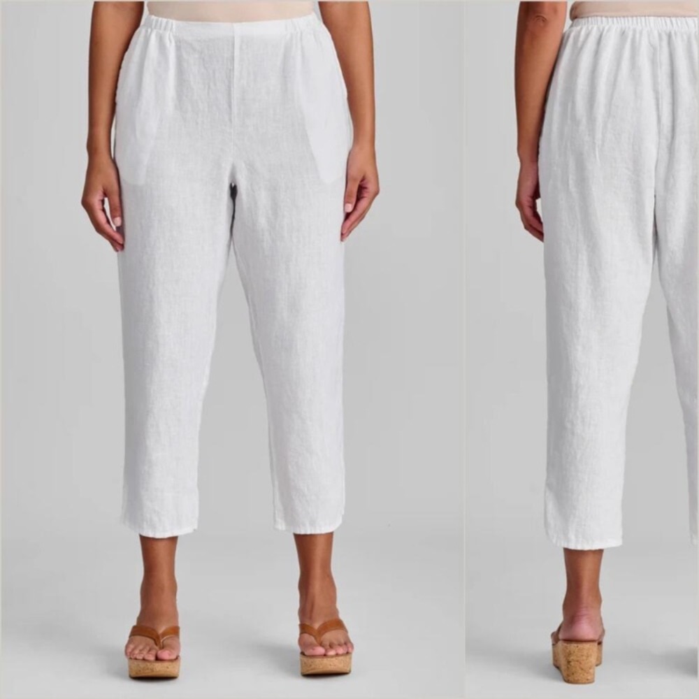 FLAX Relaxed Barrel Leg White Linen Casual Lounge Ankle Pants - Picture 3 of 7